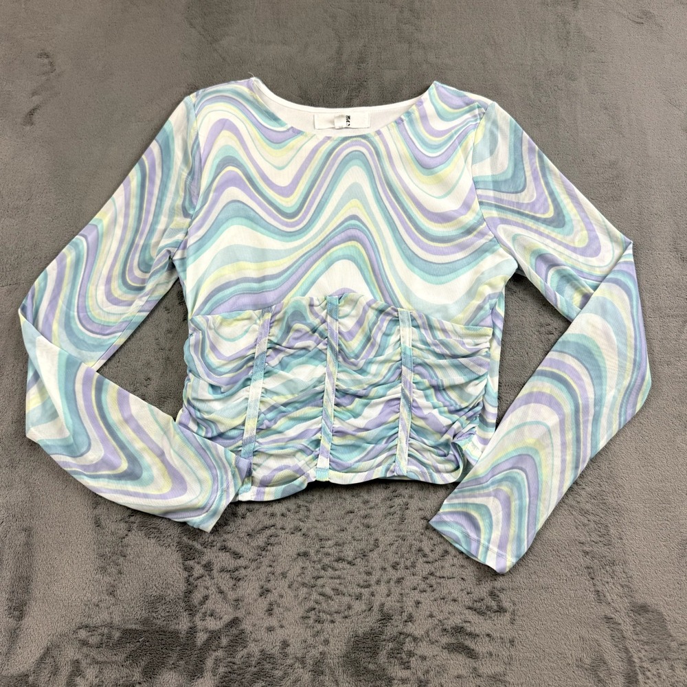 Madden NYC Shirt Womens Size L Cropped Trippy Geometric Mesh‎ Rave Festival
